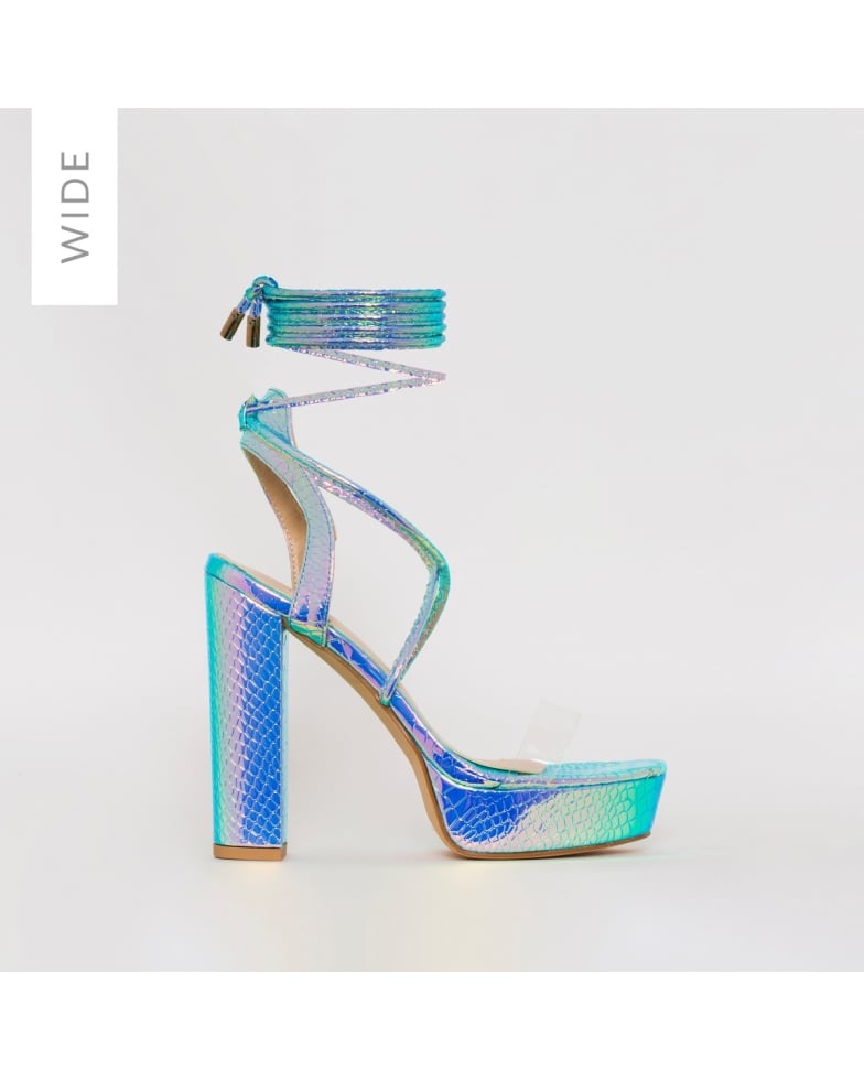 SIMMI SHOES / PAIGE WIDE FIT RAINBOW SNAKE PRINT PLATFORM LACE UP HEELS