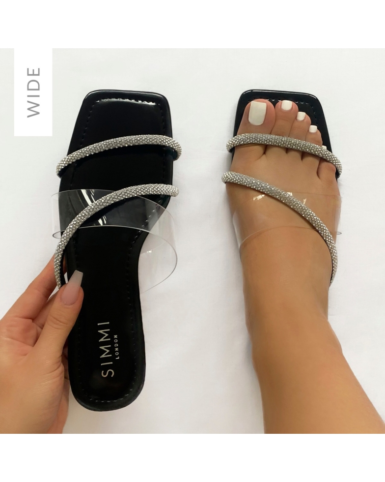 SIMMI Shoes / Madelyn Wide Fit Black Patent Clear Diamante  Strap Sandals