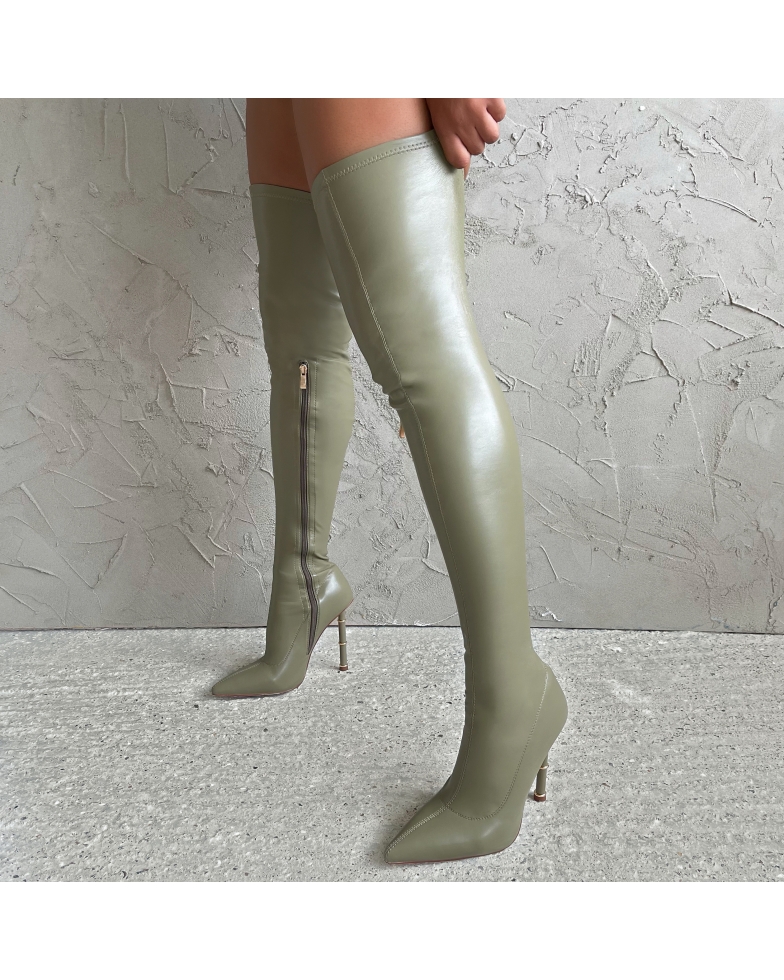 Zahra Olive Green Stretch Pointed Toe Thigh High Boots | SIMMI London