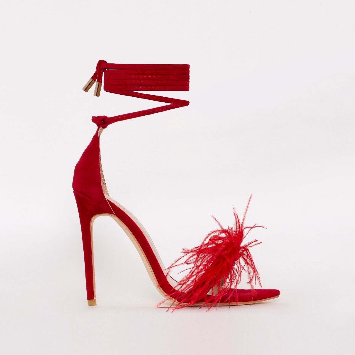 Scarlet Red Suede Feather Stiletto Heels