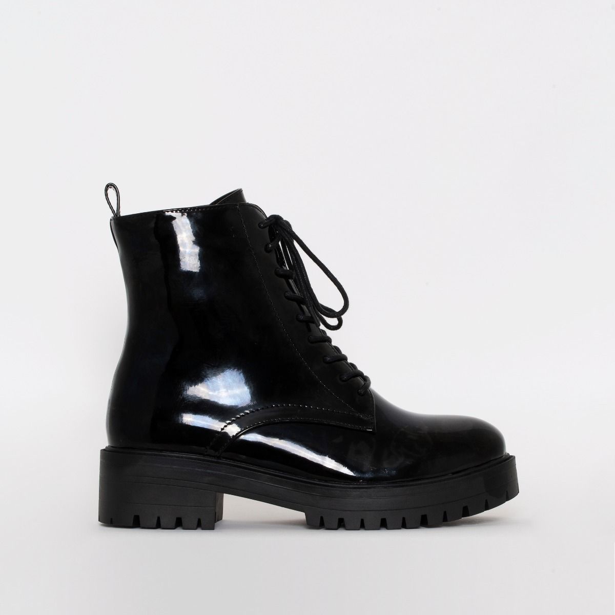 black patent flat ankle boots