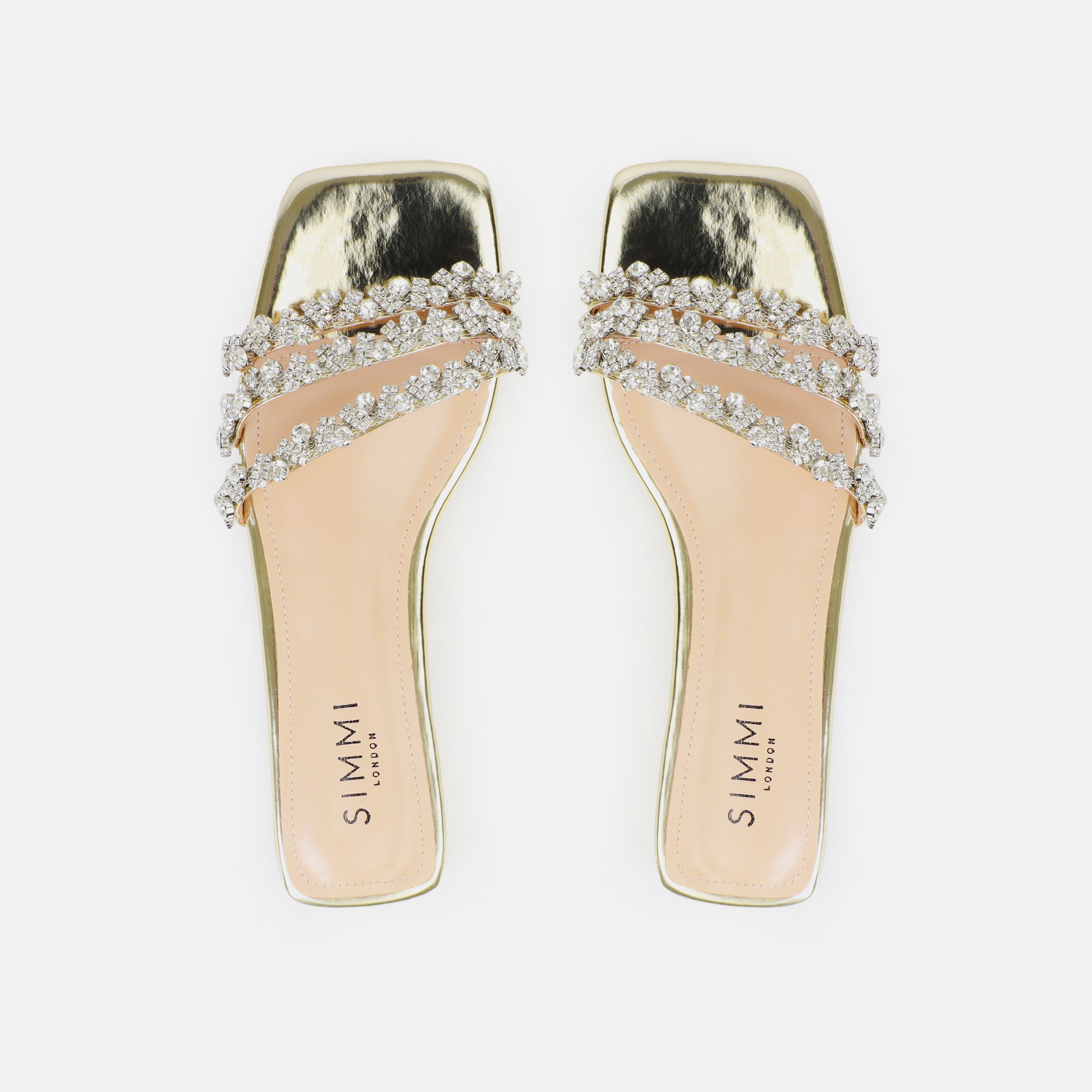 Capri Gold Mirror Diamante Flat Sandals | SIMMI London