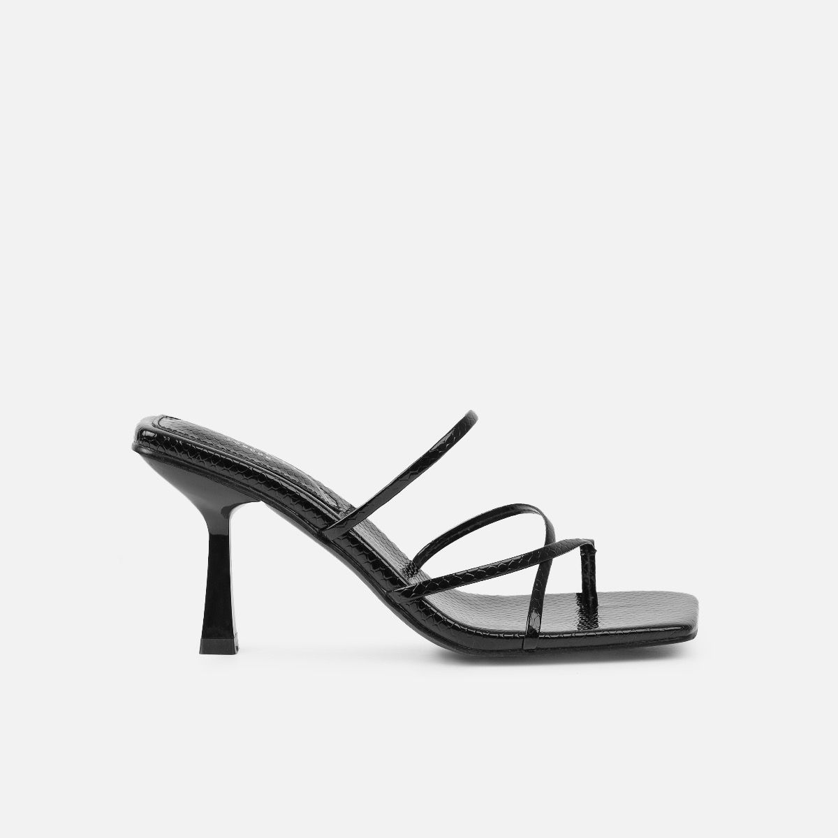 Apollo Black Patent Faux Snake Strappy Mid Heel Mules | SIMMI London