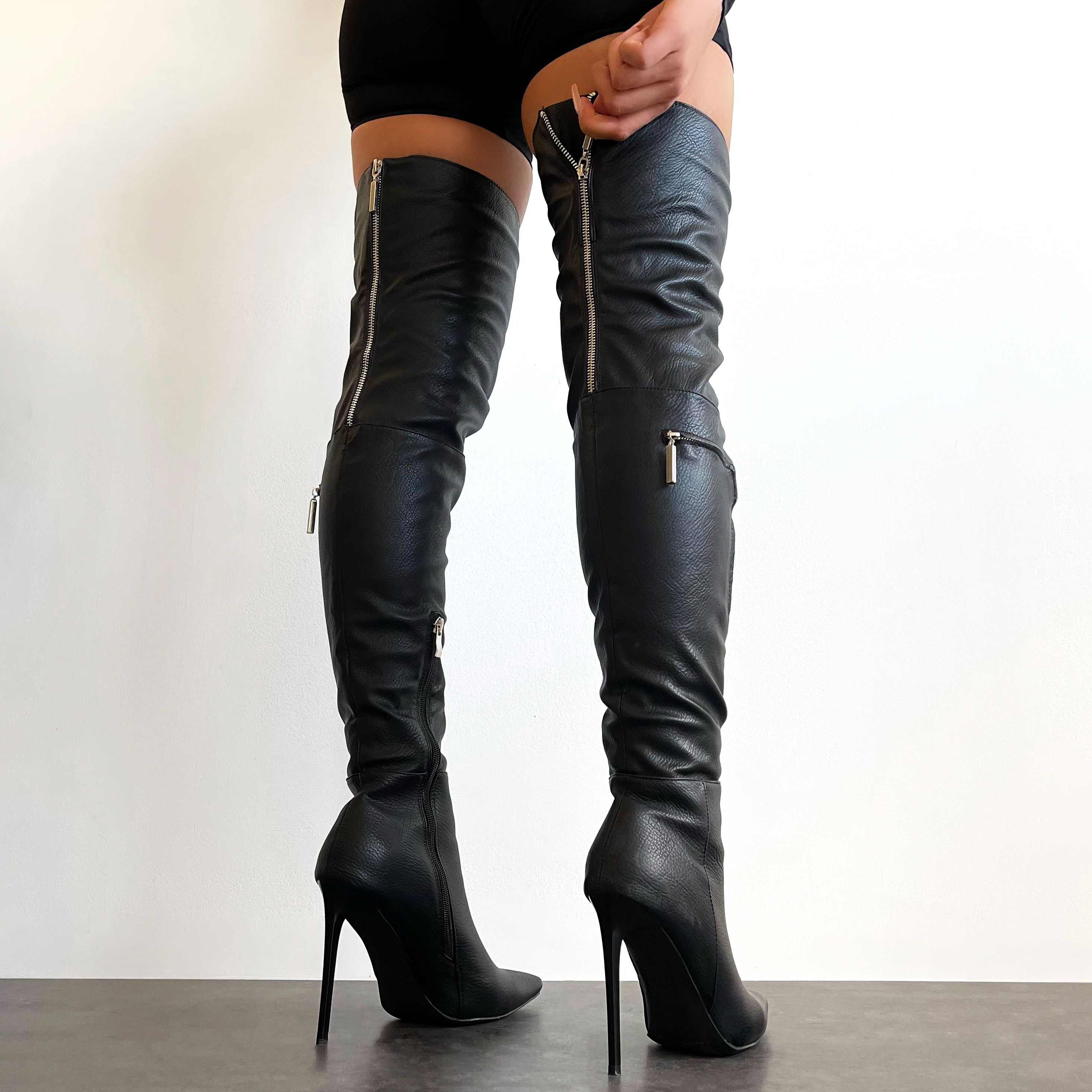 Aleena Black Featured Zip Detail Stiletto Thigh High Boots | SIMMI London