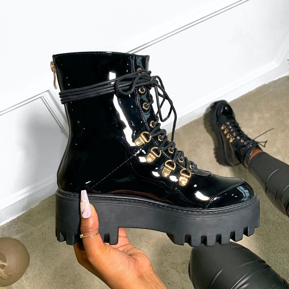 black patent lace up chunky ankle boots