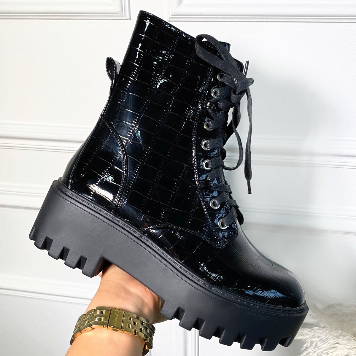 black patent chunky sole lace up ankle boot