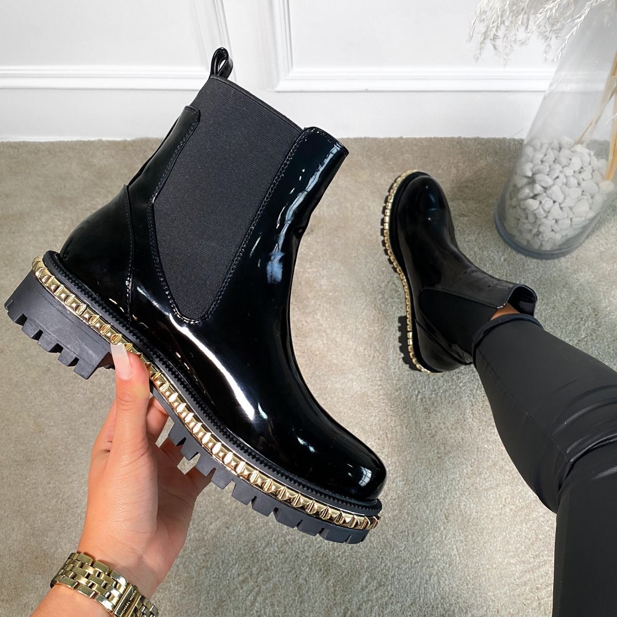 Clover Black Patent Studded Ankle Boots