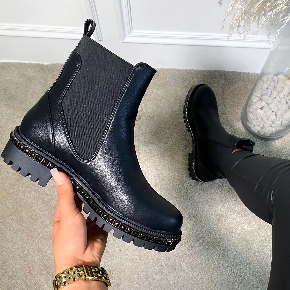 Clover Black Studded Ankle Boots