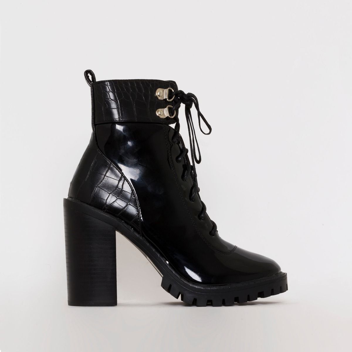 Gia Black Patent Croc Print Block Heel Lace Up Ankle Boots