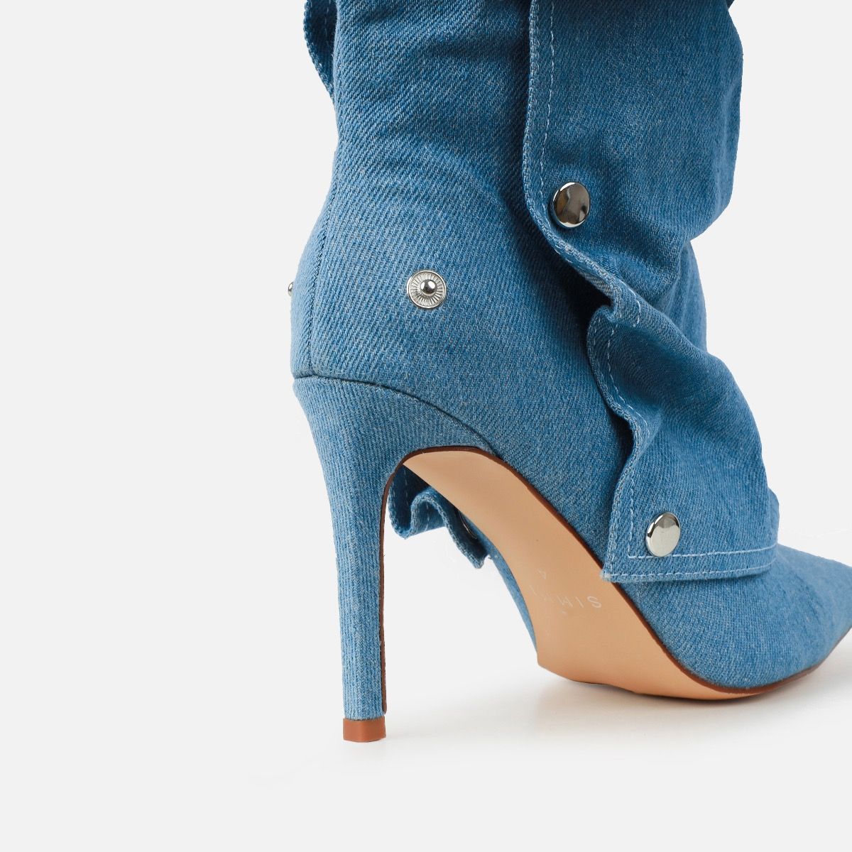 Kaii Blue Denim Popper Detail Knee Boots | SIMMI London