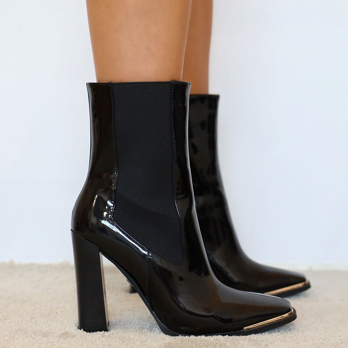 Kiera Black Patent Metal Toe Cap Block Heel Ankle Boots