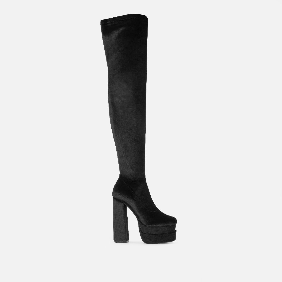 Addams Black Velvet Double Platform Thigh High Boots | SIMMI London