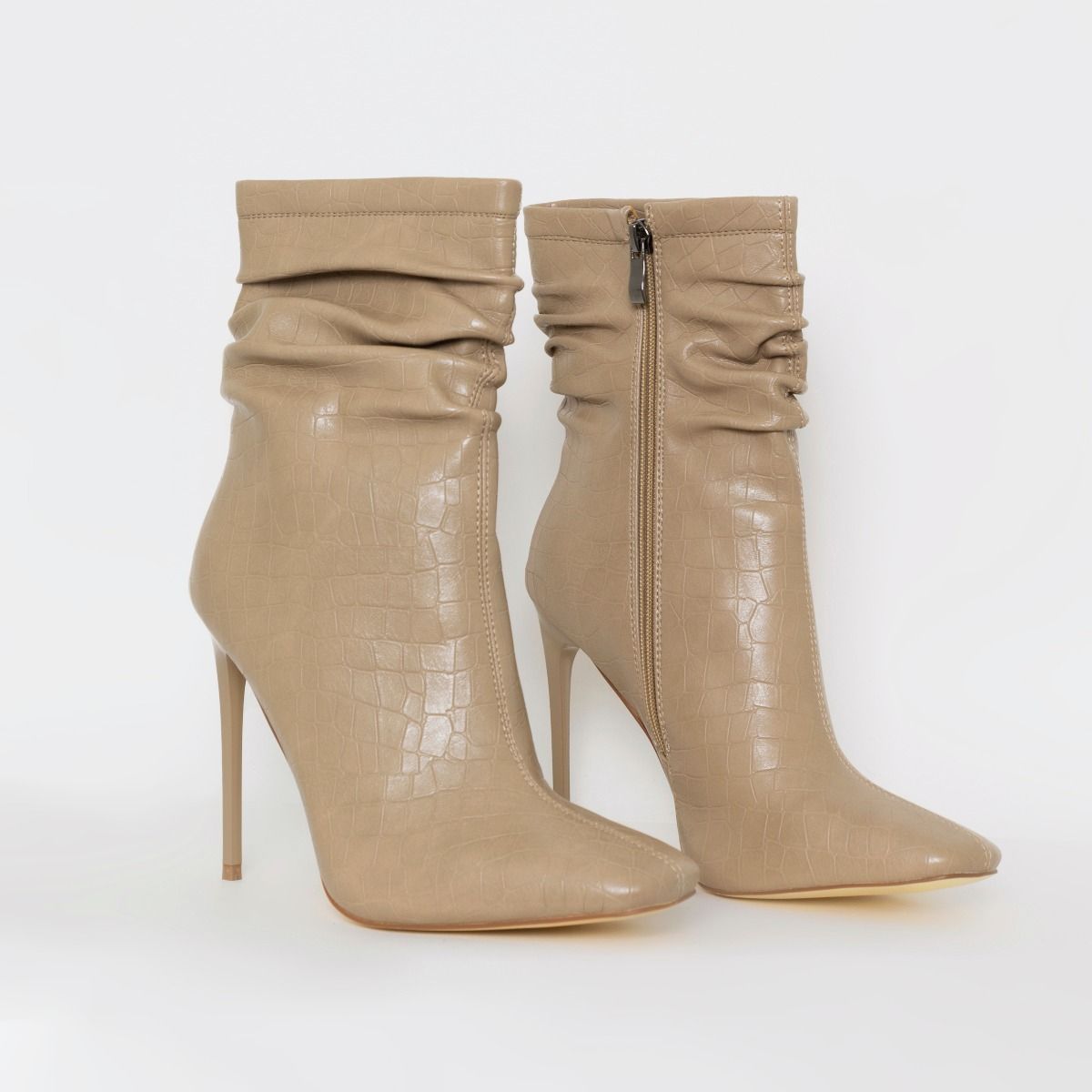 Olivia Nude Faux Croc Print Ruched Stiletto Ankle Boots