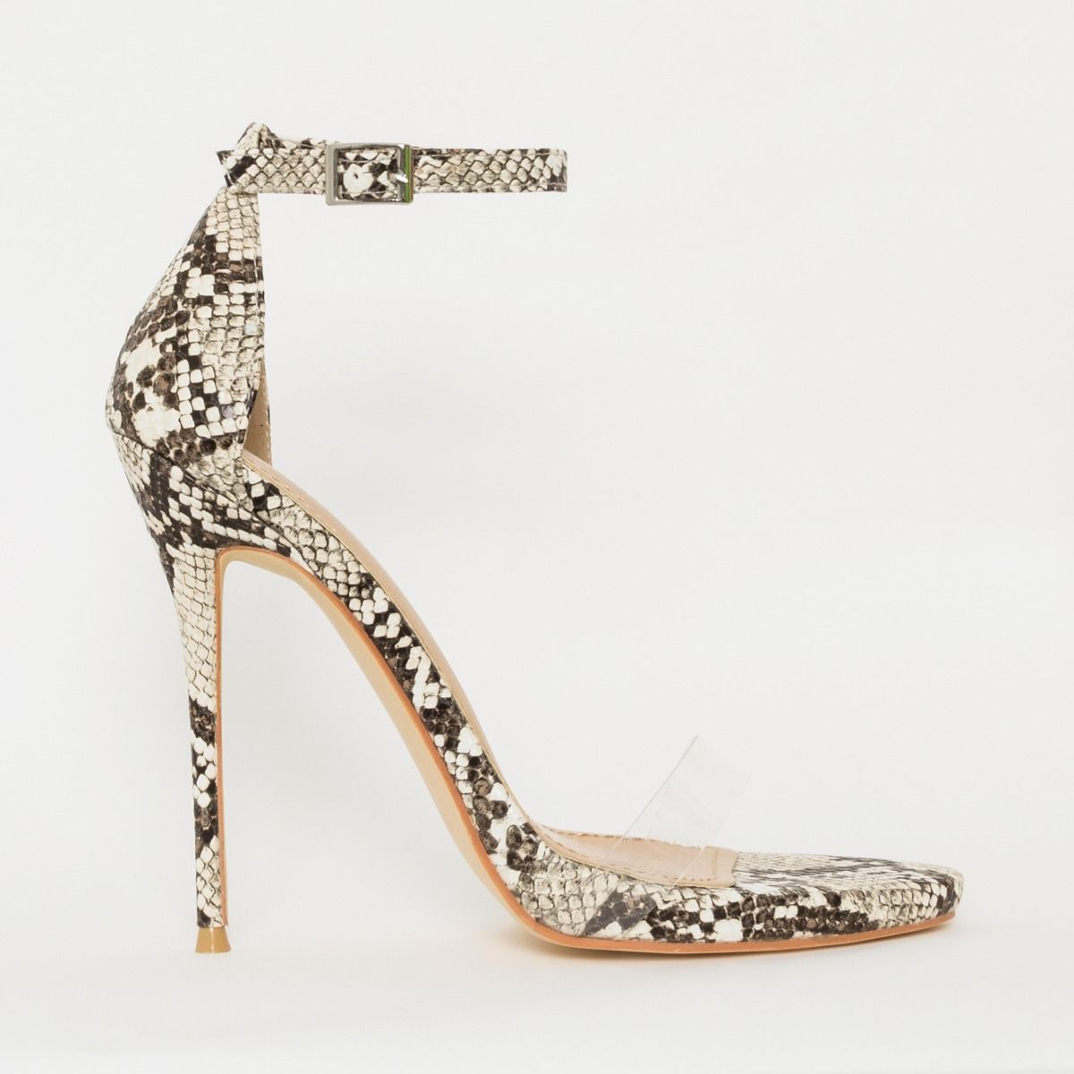 Elsie Beige Snake Print Patent Barely There Stiletto Heels