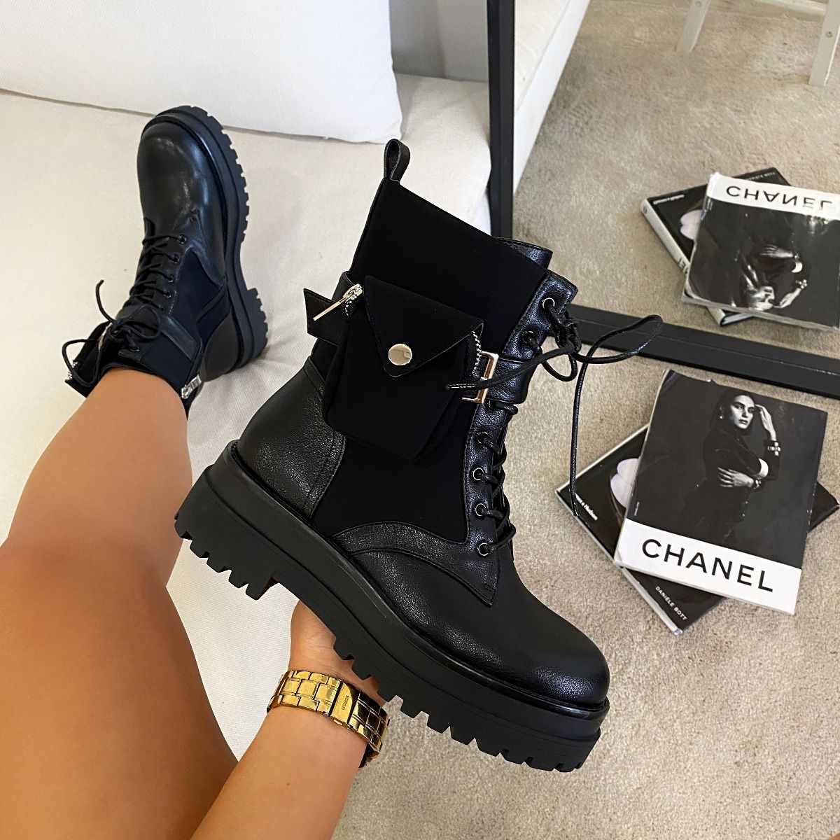 black chunky ankle booties