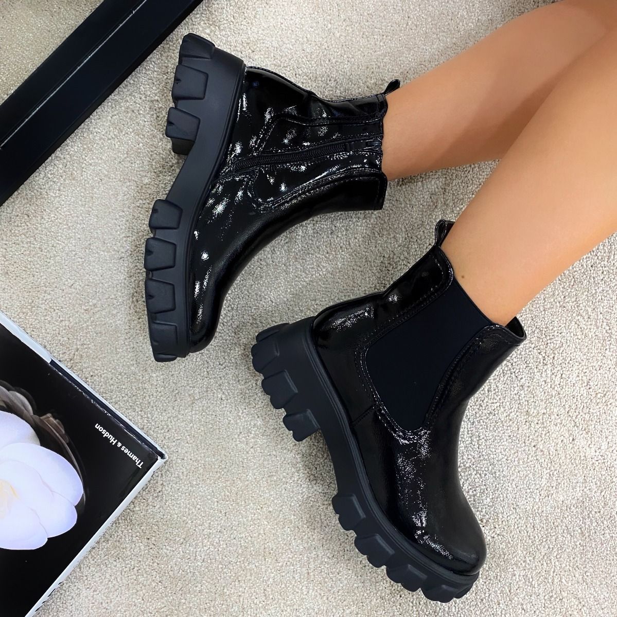 patent chunky ankle boots