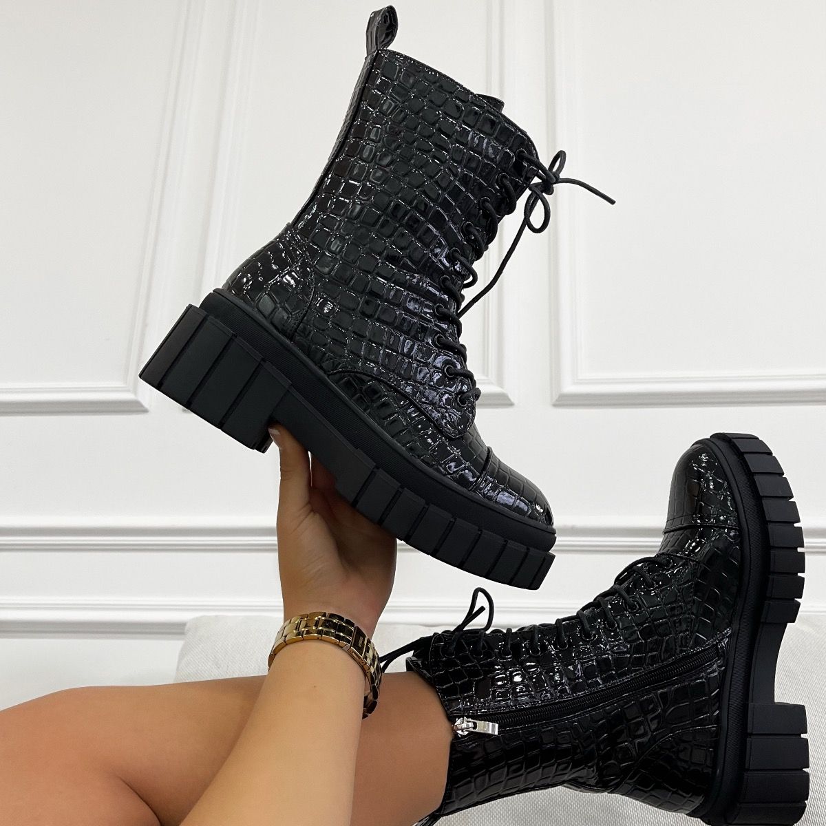 black faux croc chunky lace up boots