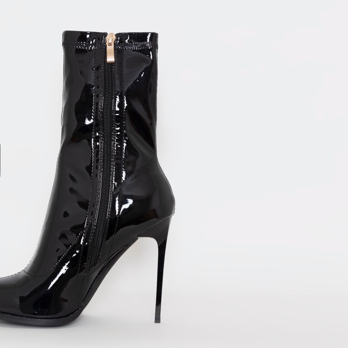 Stefania Black Patent Metal Toe Cap Stiletto Ankle Boots | SIMMI London