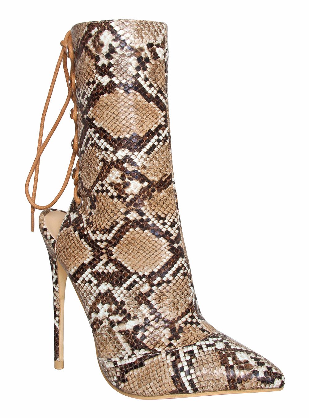 Selene Beige Snake Lace Up Pointed Toe Ankle Boots