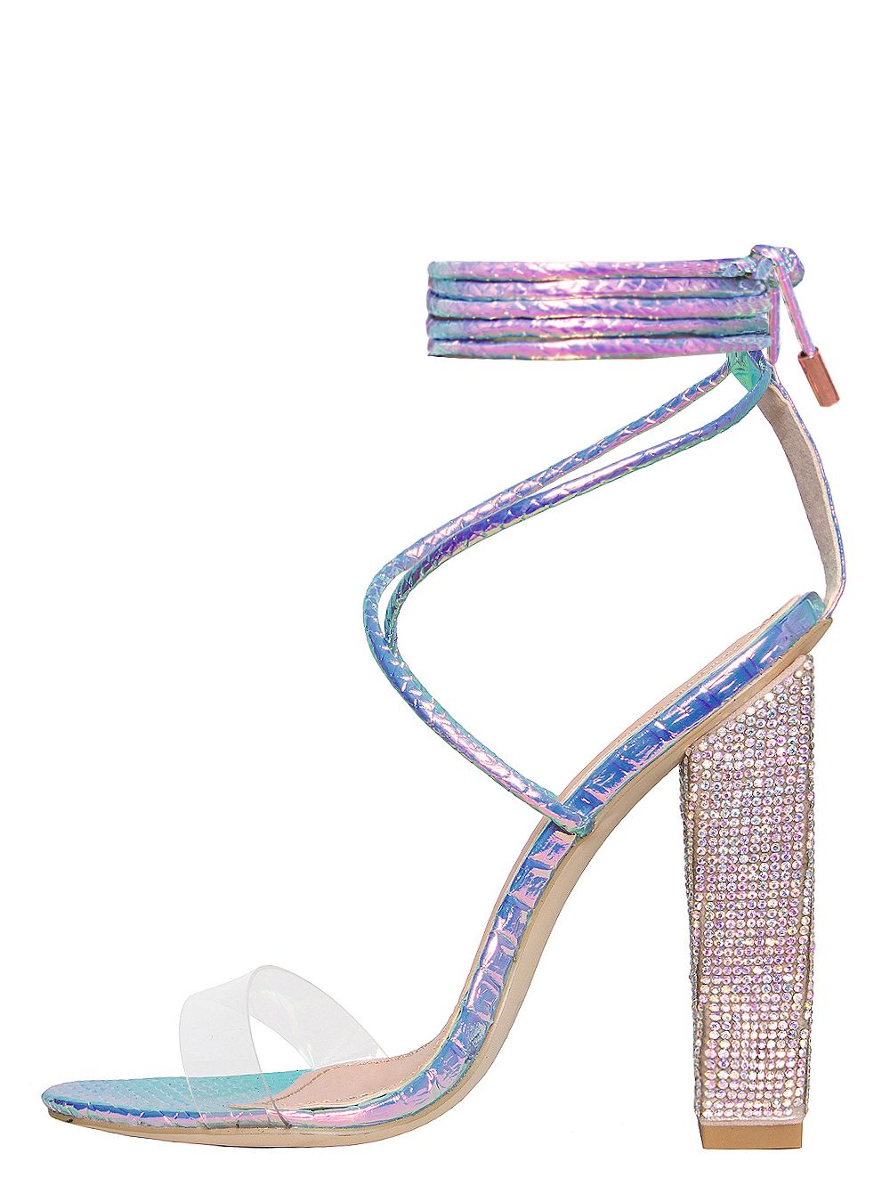 Karla Rainbow Snake Clear Lace Up Diamante Heels