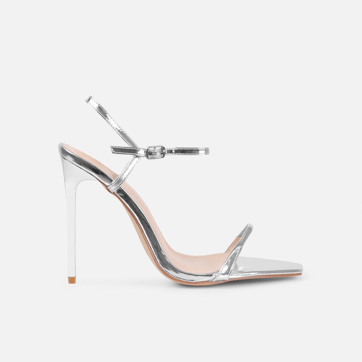Nolan Wide Fit Silver Strappy Square Toe Stiletto Heels | SIMMI London