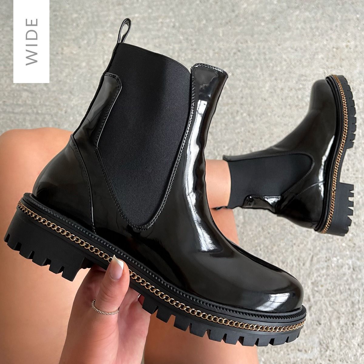 wide fit patent ankle boots