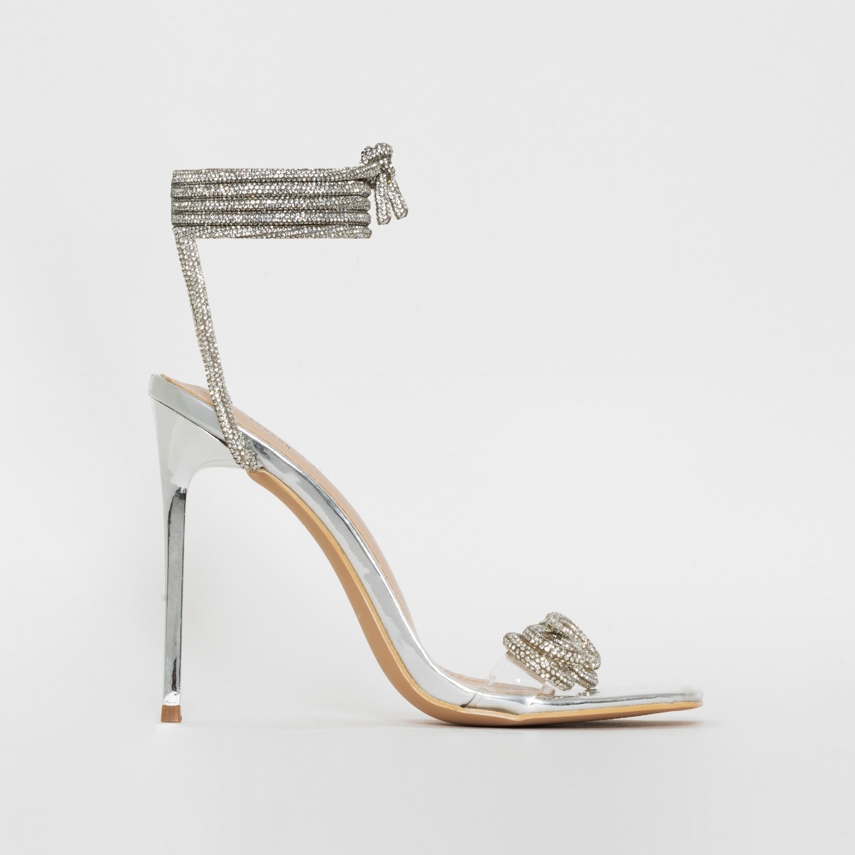 Lucille Silver Diamante Bow Lace Up Stiletto Heels | SIMMI London