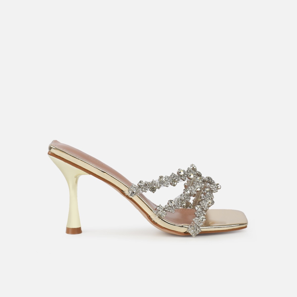Blushing Gold Mirror Diamante Mid Heel Mules | SIMMI London