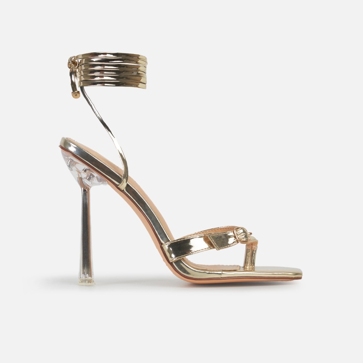 Tein Gold Mirror Toe Thong Lace Up High Heels | SIMMI London