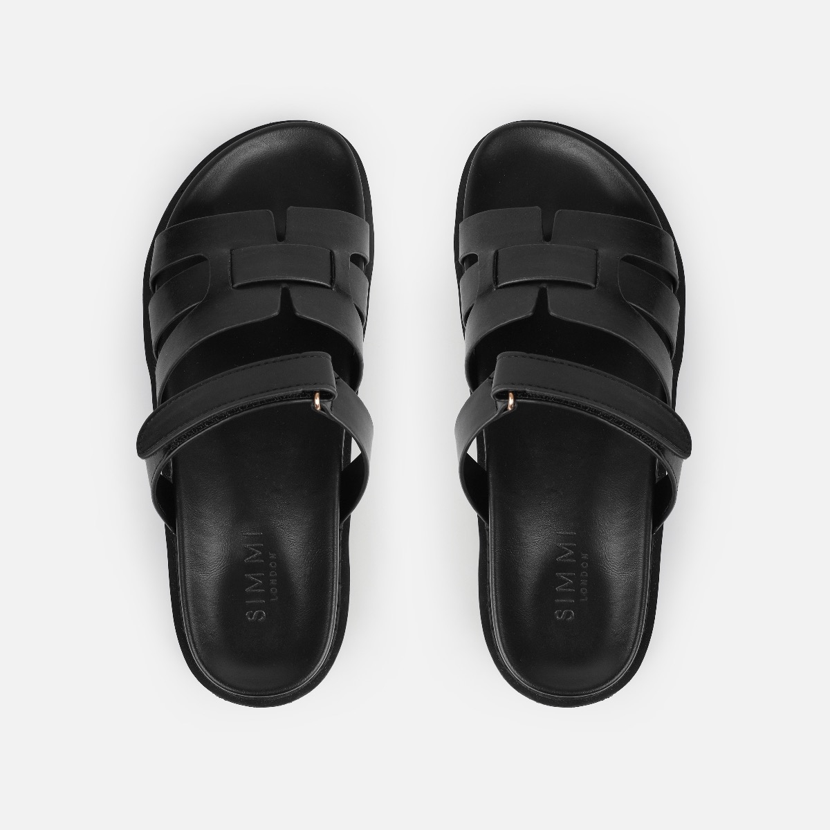 Adelle Black Chunky Velcro Strap Flat Sandals | SIMMI London