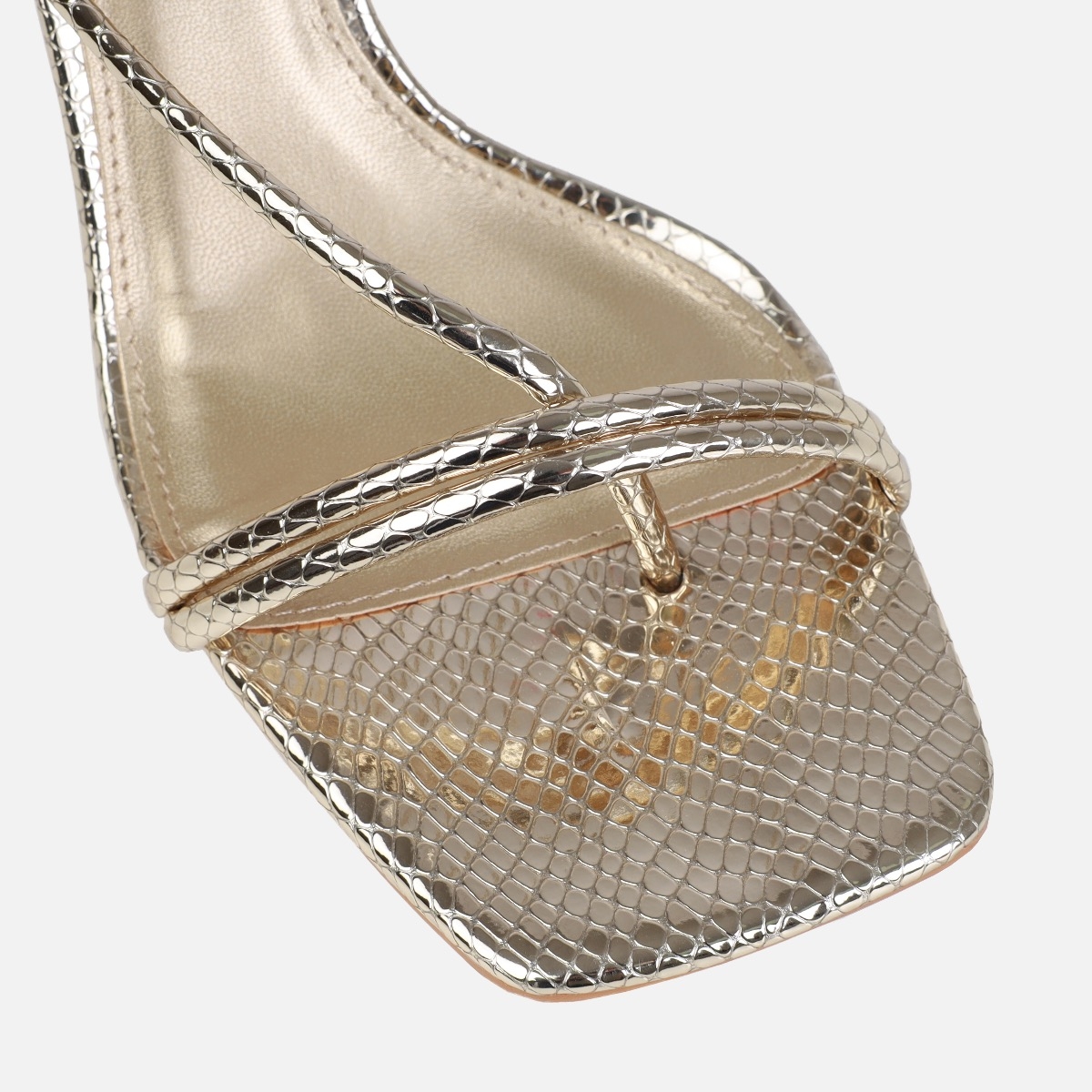Zadal Gold Faux Snake Print Toe Thong Mid Heels | SIMMI London