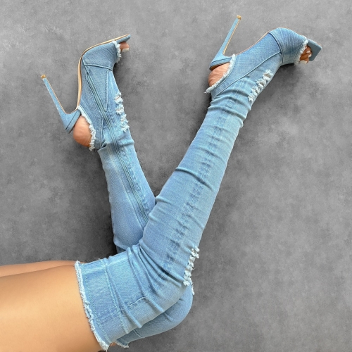 Denim peep toe store thigh high boots