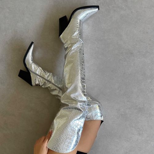 thigh high silver boots