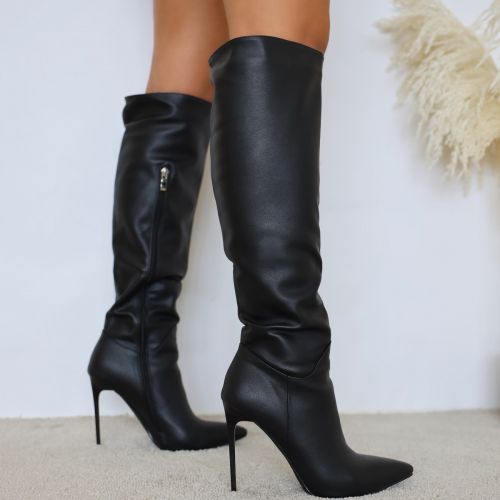 leather stiletto knee high boots