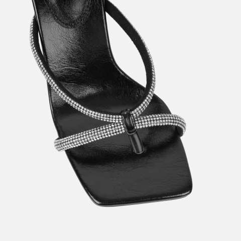 Emmie Black Patent Diamante Toe Thong Sandals | SIMMI London