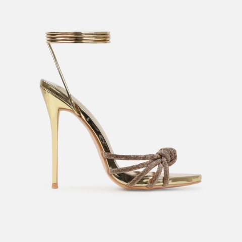 Tasha Ghouri Diamonique Gold Diamante Lace Up Heels | SIMMI London