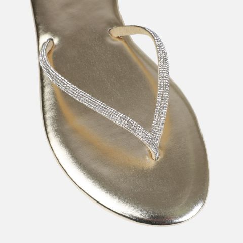 Elio Gold Diamante Toe Thong Toggle Flat Sandals | SIMMI London