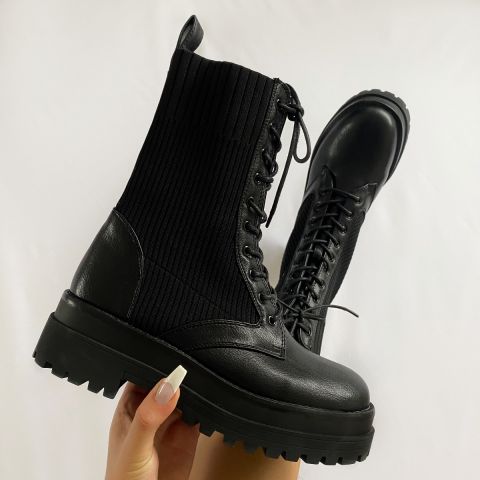 Jagger Black Lace Up Knitted Chunky Ankle Boots