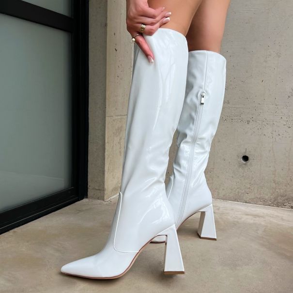 Tasha Ghouri Ryden White Patent Knee High Boots | SIMMI London