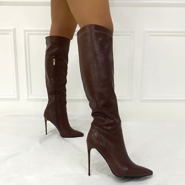 brown pointed toe knee high boots