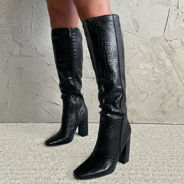 black croc knee high boots