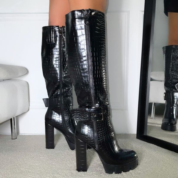 croc print knee high boots