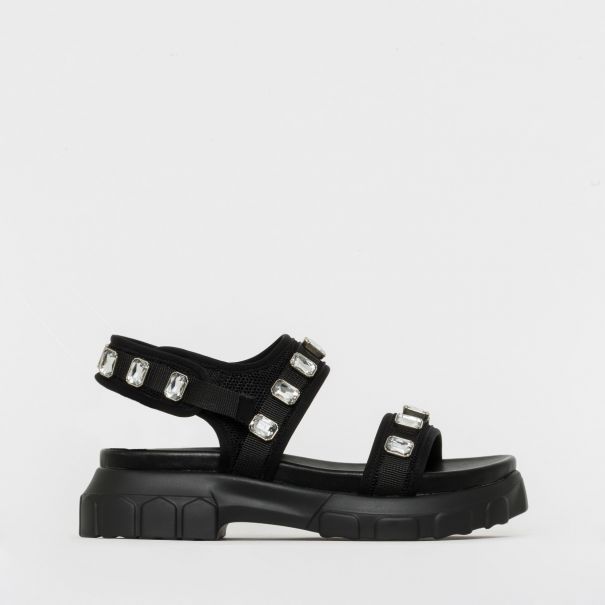 Deesha Black Mesh Gem Chunky Sandals