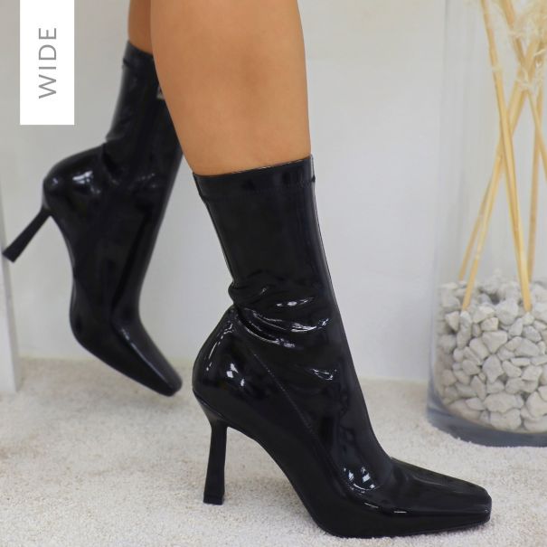 wide fit black patent ankle boots