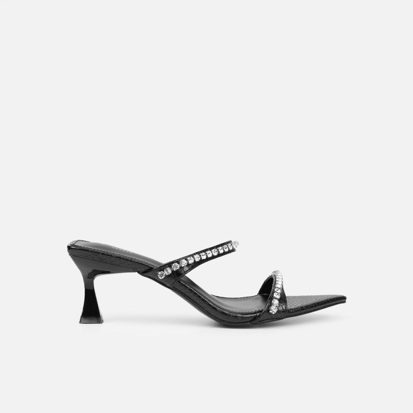 Adrienne Black Faux Snake Diamante Low Heeled Sandals | SIMMI London