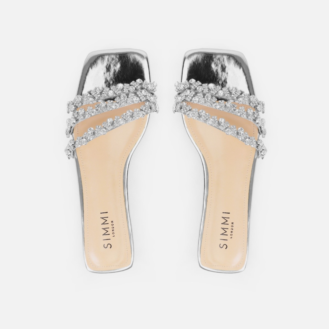 Capri Wide Fit Silver Mirror Diamante Flat Sandals | SIMMI London