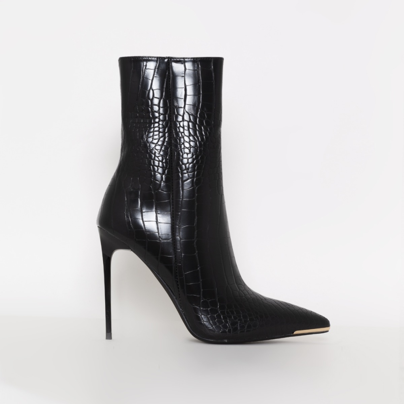 Anusha Black Faux Croc Print Metal Toe Cap Stiletto Ankle Boots | SIMMI ...