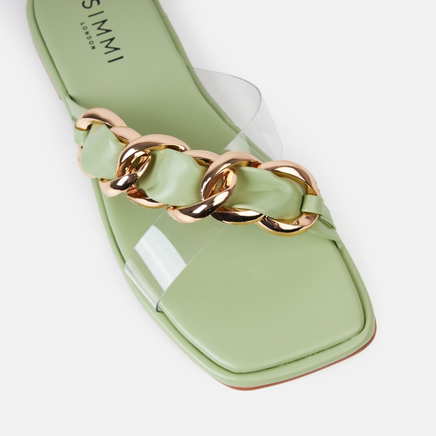 Khari Sage Green Clear Strap Chain Flat Sandals | SIMMI London