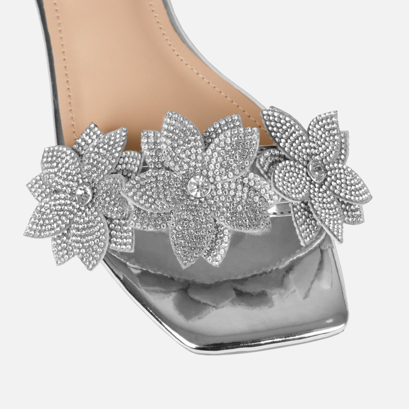 Abbie Silver Mirror Flower Diamante Flat Sandals | SIMMI London